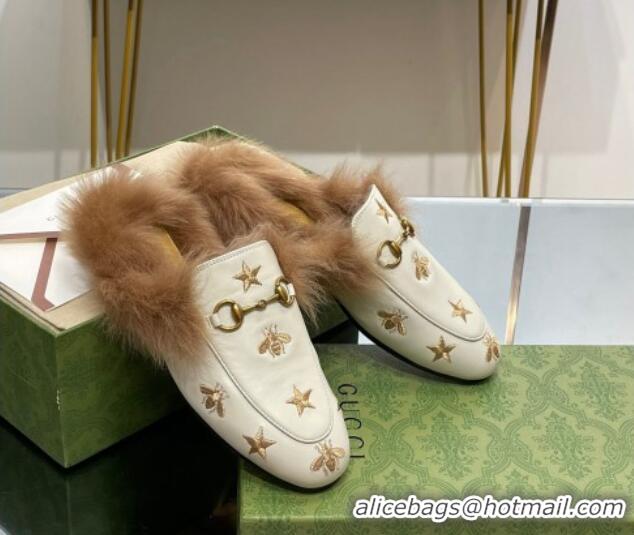 Best Grade Gucci Leather and Wool Slippers with Horsebit and Bees White 025001