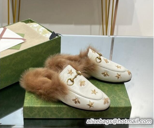 Best Grade Gucci Leather and Wool Slippers with Horsebit and Bees White 025001