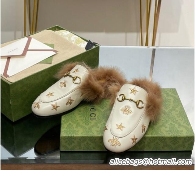 Best Grade Gucci Leather and Wool Slippers with Horsebit and Bees White 025001