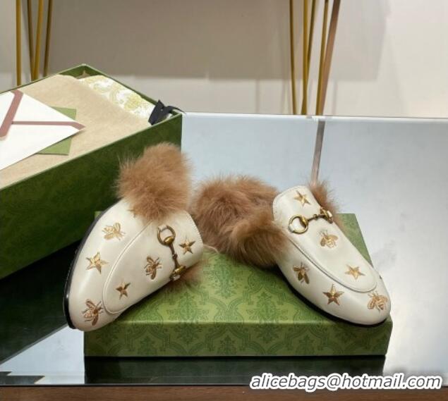 Best Grade Gucci Leather and Wool Slippers with Horsebit and Bees White 025001