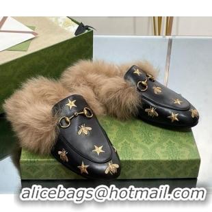 Low Price Gucci Leather and Wool Slippers with Horsebit and Bees Black 025002