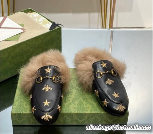 Low Price Gucci Leather and Wool Slippers with Horsebit and Bees Black 025002