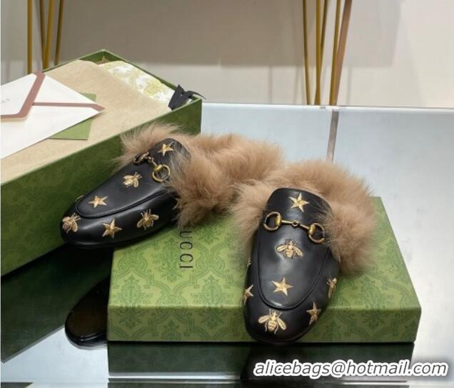 Low Price Gucci Leather and Wool Slippers with Horsebit and Bees Black 025002