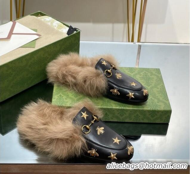 Low Price Gucci Leather and Wool Slippers with Horsebit and Bees Black 025002