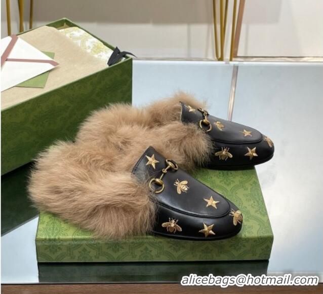 Low Price Gucci Leather and Wool Slippers with Horsebit and Bees Black 025002