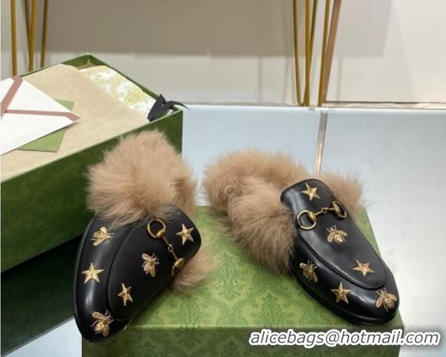 Low Price Gucci Leather and Wool Slippers with Horsebit and Bees Black 025002