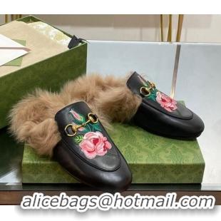 Buy Luxury Gucci Leather and Wool Slippers with Horsebit and Flora Embroidery Black 025003