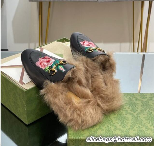 Buy Luxury Gucci Leather and Wool Slippers with Horsebit and Flora Embroidery Black 025003