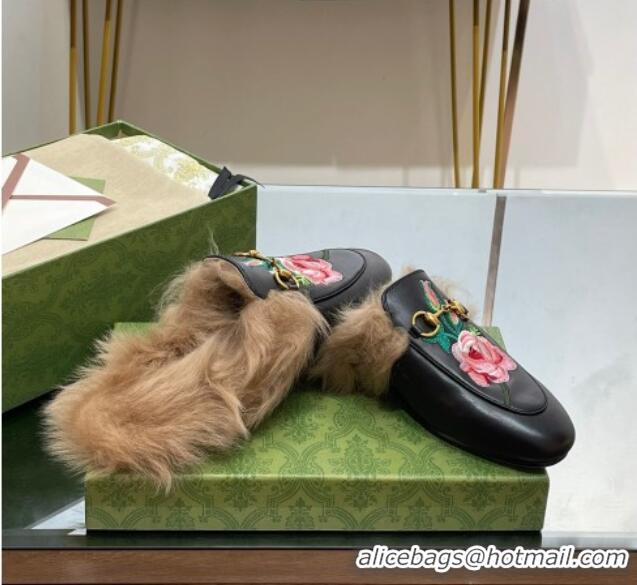 Buy Luxury Gucci Leather and Wool Slippers with Horsebit and Flora Embroidery Black 025003