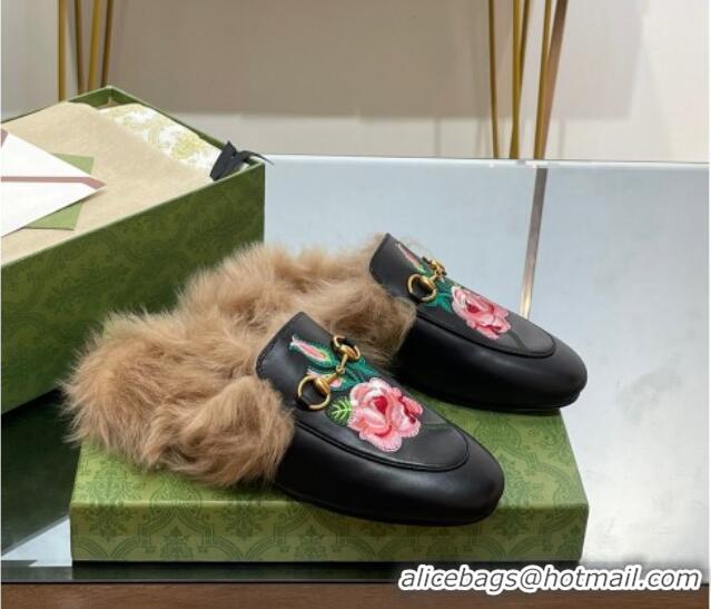 Buy Luxury Gucci Leather and Wool Slippers with Horsebit and Flora Embroidery Black 025003