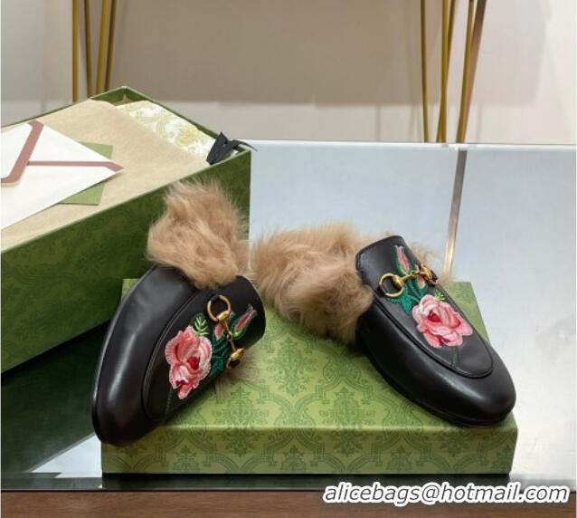 Buy Luxury Gucci Leather and Wool Slippers with Horsebit and Flora Embroidery Black 025003