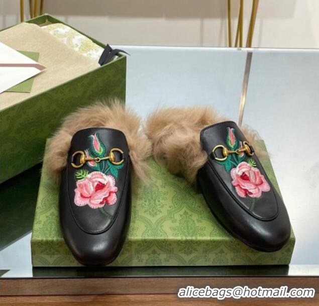 Buy Luxury Gucci Leather and Wool Slippers with Horsebit and Flora Embroidery Black 025003