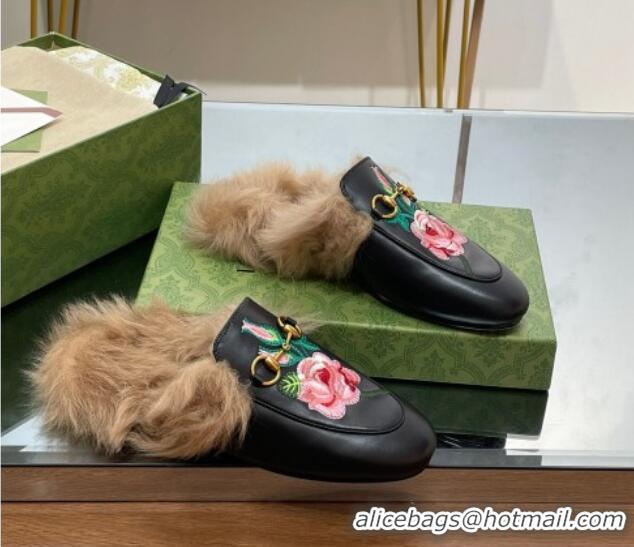 Buy Luxury Gucci Leather and Wool Slippers with Horsebit and Flora Embroidery Black 025003