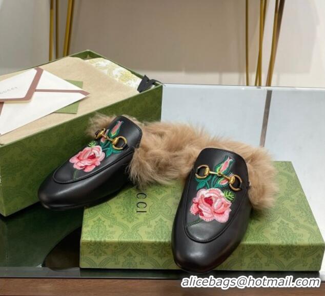 Buy Luxury Gucci Leather and Wool Slippers with Horsebit and Flora Embroidery Black 025003