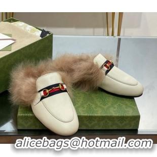 Unique Style Gucci Leather and Wool Slippers with Horsebit and Web White 025004