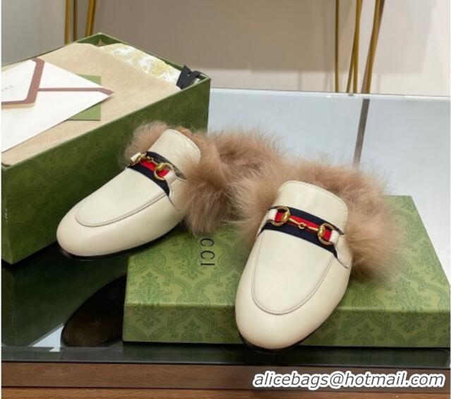 Unique Style Gucci Leather and Wool Slippers with Horsebit and Web White 025004