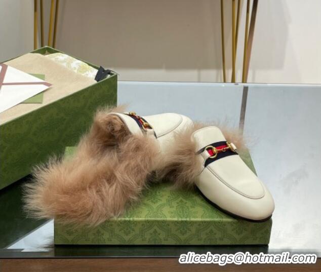 Unique Style Gucci Leather and Wool Slippers with Horsebit and Web White 025004