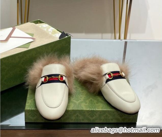 Unique Style Gucci Leather and Wool Slippers with Horsebit and Web White 025004