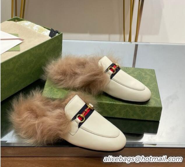 Unique Style Gucci Leather and Wool Slippers with Horsebit and Web White 025004