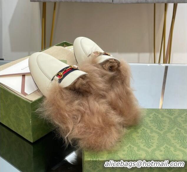 Unique Style Gucci Leather and Wool Slippers with Horsebit and Web White 025004