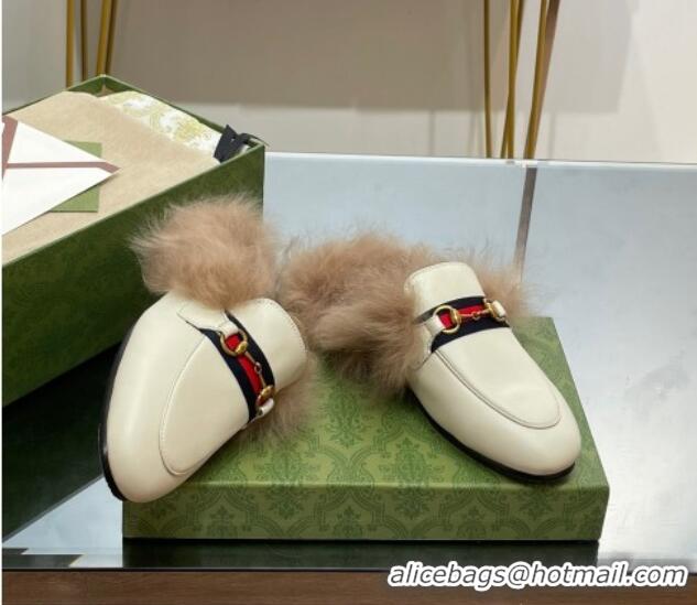 Unique Style Gucci Leather and Wool Slippers with Horsebit and Web White 025004