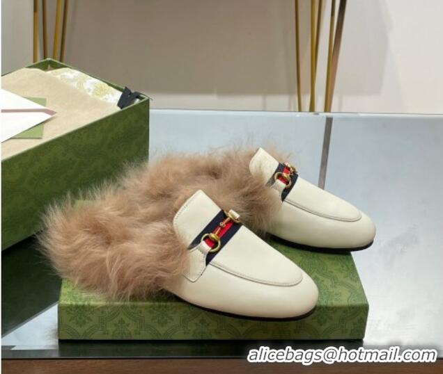 Unique Style Gucci Leather and Wool Slippers with Horsebit and Web White 025004