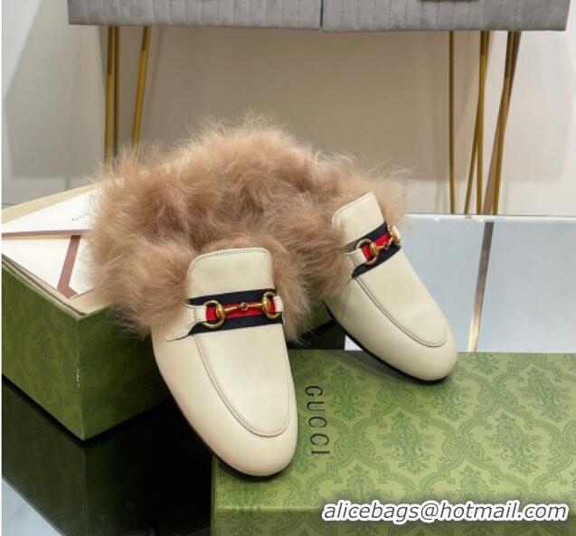 Unique Style Gucci Leather and Wool Slippers with Horsebit and Web White 025004