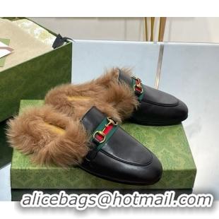 Best Price Gucci Leather and Wool Slippers with Horsebit and Web Black 025005