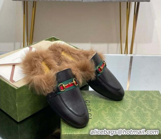 Best Price Gucci Leather and Wool Slippers with Horsebit and Web Black 025005