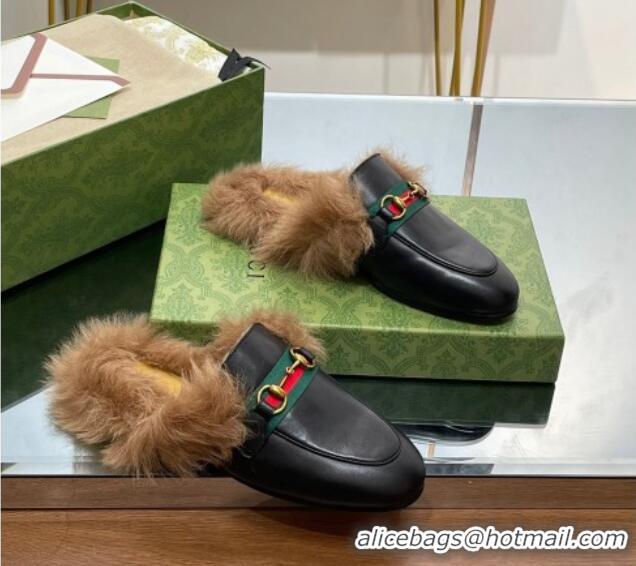 Best Price Gucci Leather and Wool Slippers with Horsebit and Web Black 025005