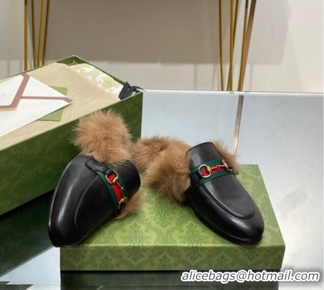 Best Price Gucci Leather and Wool Slippers with Horsebit and Web Black 025005