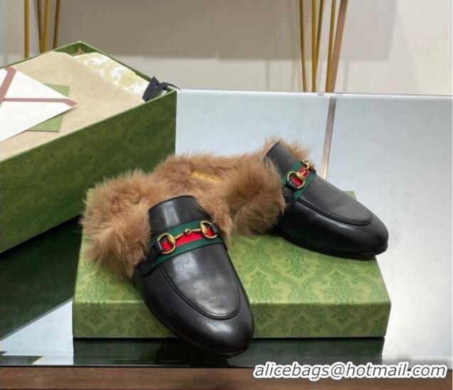 Best Price Gucci Leather and Wool Slippers with Horsebit and Web Black 025005