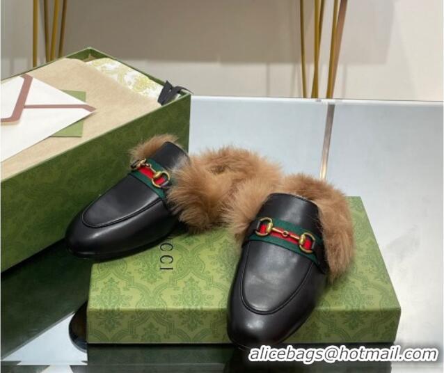 Best Price Gucci Leather and Wool Slippers with Horsebit and Web Black 025005