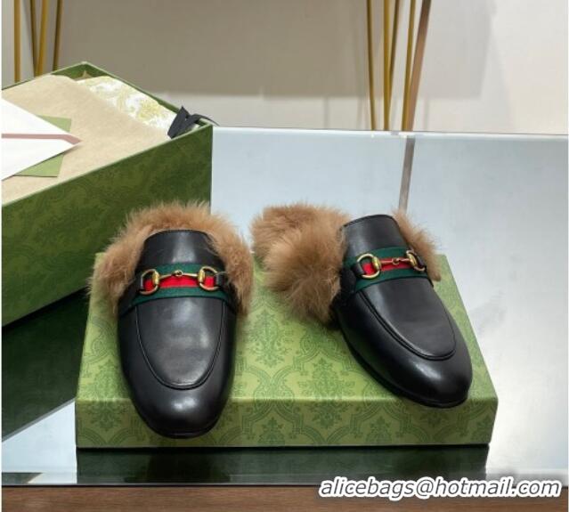 Best Price Gucci Leather and Wool Slippers with Horsebit and Web Black 025005