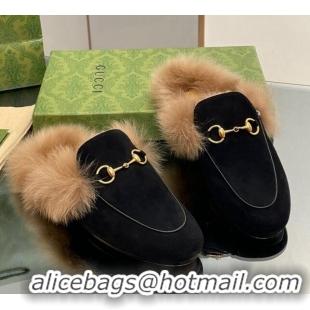 New Style Gucci Suede and Wool Slippers with Horsebit Black 025006