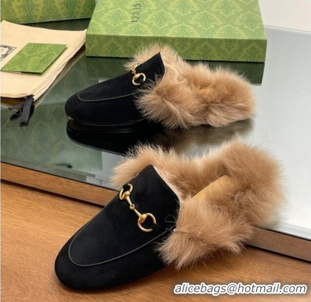 New Style Gucci Suede and Wool Slippers with Horsebit Black 025006