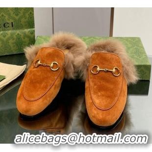 Comfortable Gucci Suede and Wool Slippers with Horsebit Orange 025007