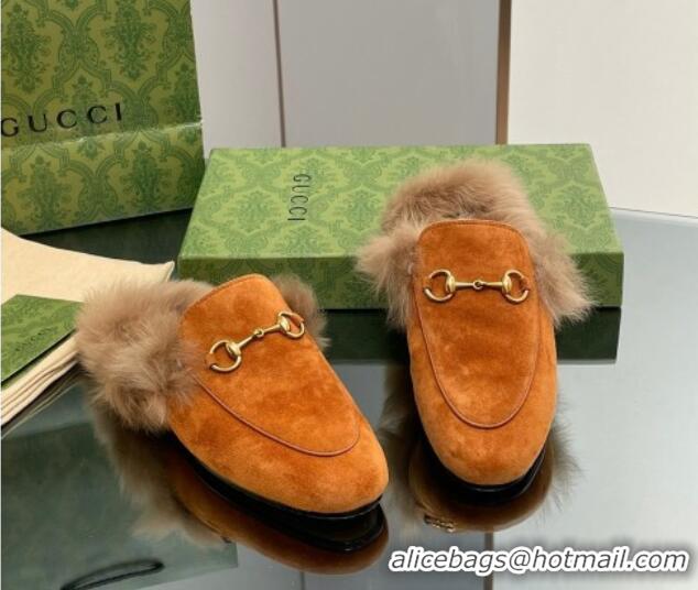 Comfortable Gucci Suede and Wool Slippers with Horsebit Orange 025007