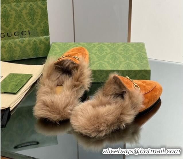 Comfortable Gucci Suede and Wool Slippers with Horsebit Orange 025007