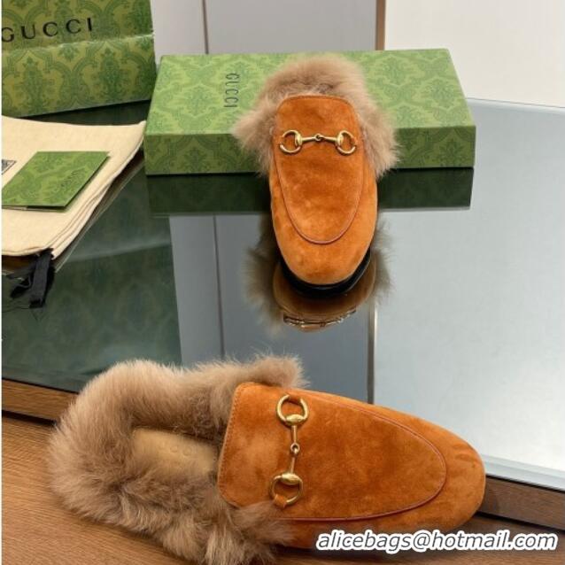 Comfortable Gucci Suede and Wool Slippers with Horsebit Orange 025007