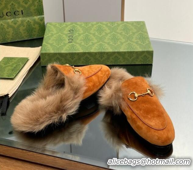 Comfortable Gucci Suede and Wool Slippers with Horsebit Orange 025007