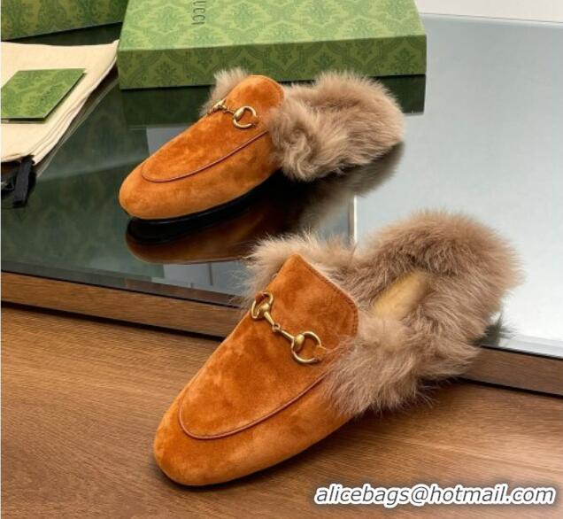 Comfortable Gucci Suede and Wool Slippers with Horsebit Orange 025007