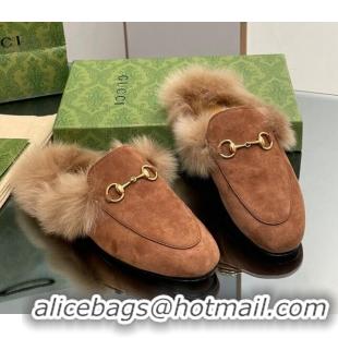 Top Grade Gucci Suede and Wool Slippers with Horsebit Brown 025008