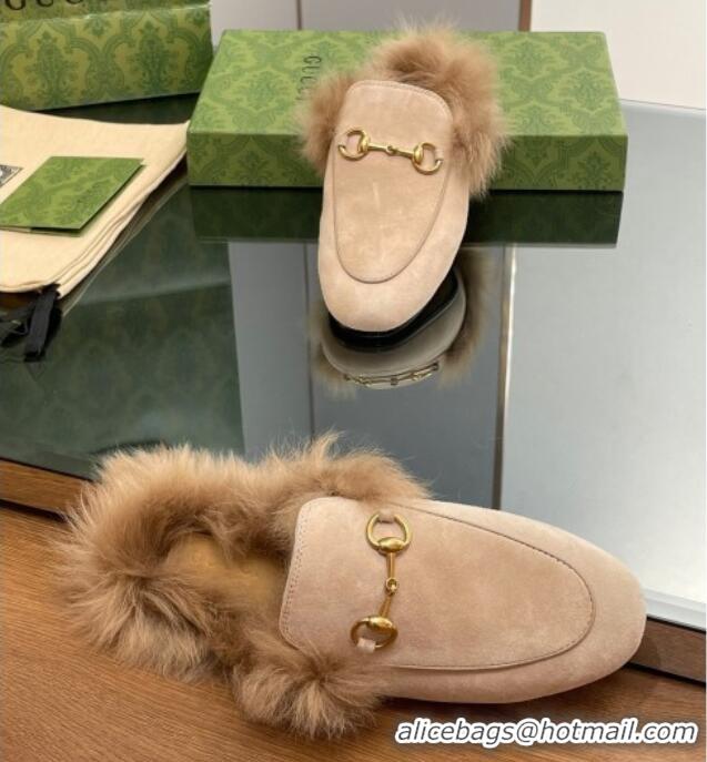 Luxurious Gucci Suede and Wool Slippers with Horsebit Beige 025009