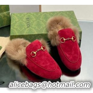 Popular Style Gucci Suede and Wool Slippers with Horsebit Red 025010