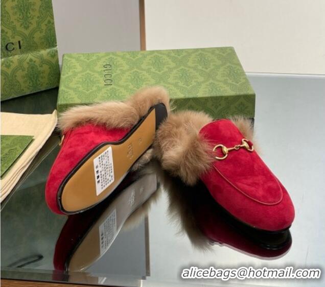 Popular Style Gucci Suede and Wool Slippers with Horsebit Red 025010