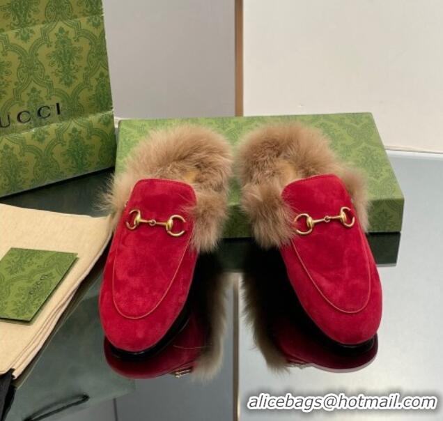 Popular Style Gucci Suede and Wool Slippers with Horsebit Red 025010