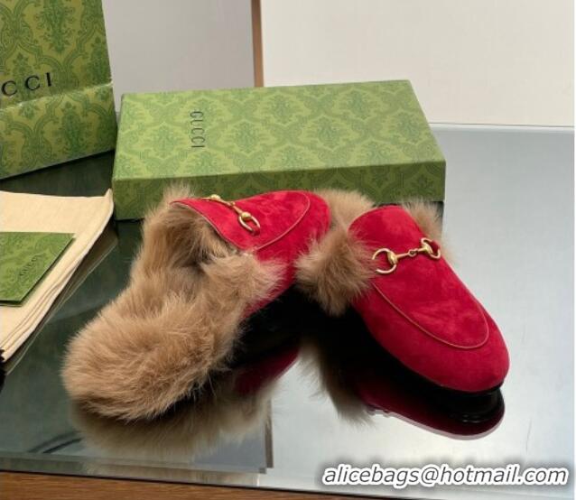 Popular Style Gucci Suede and Wool Slippers with Horsebit Red 025010