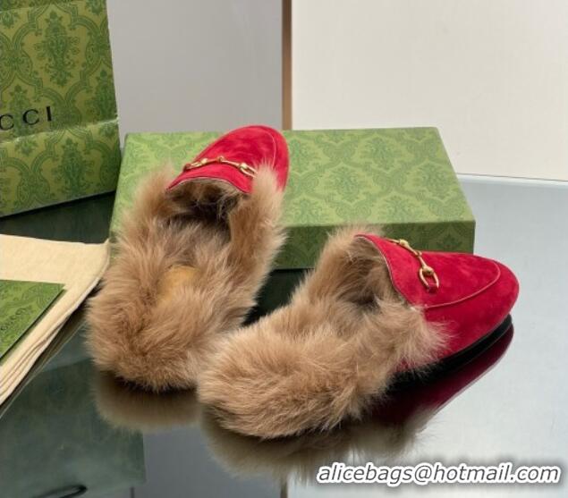 Popular Style Gucci Suede and Wool Slippers with Horsebit Red 025010