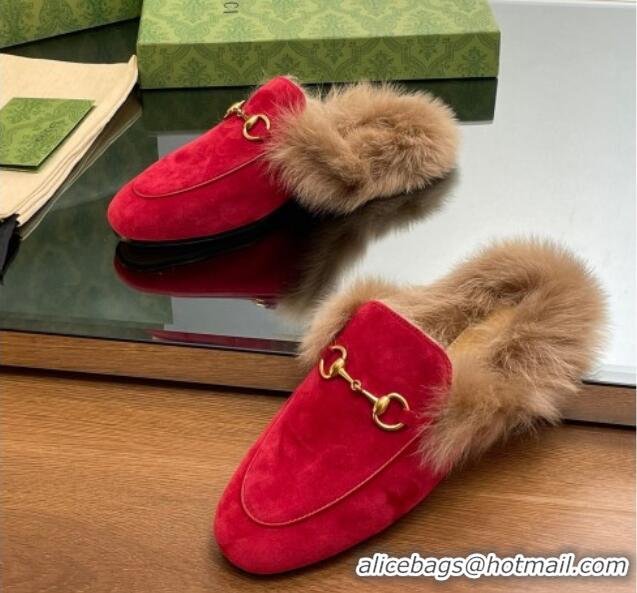 Popular Style Gucci Suede and Wool Slippers with Horsebit Red 025010